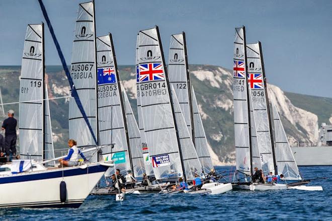 Nacra 17s preparing for the start in Weymouth at the 2013 Sail for Gold Regatta &copy; Paul Wyeth / www.pwpictures.com http://www.pwpictures.com
